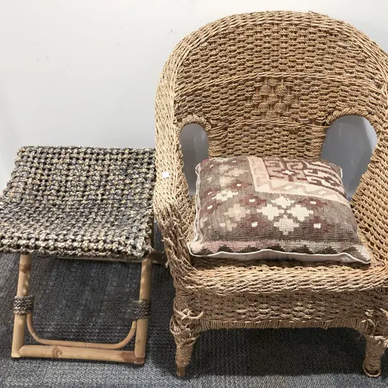 Rattan Armchair with Associated Folding Stool and Kilim Cushion