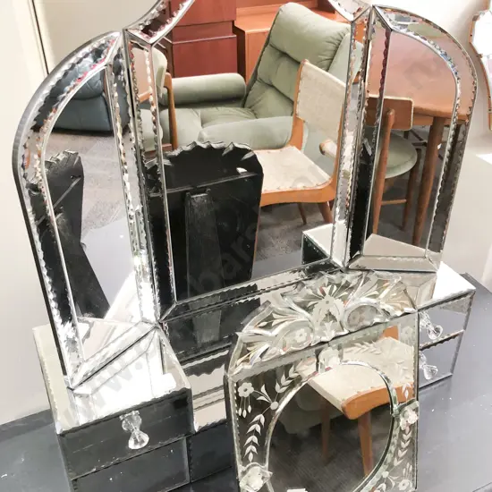 Dressing table Mirror with Mirrored Drawers to Base Together with Other Table Mirror