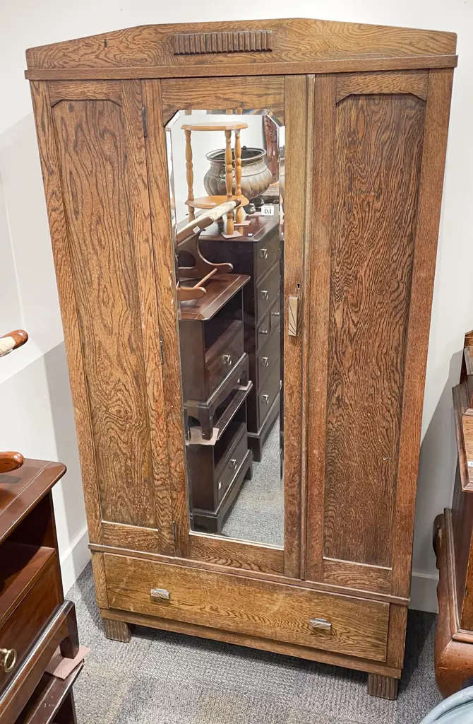 Oak Mirror Door Wardrobe with Single Drawer to Base Image 1++