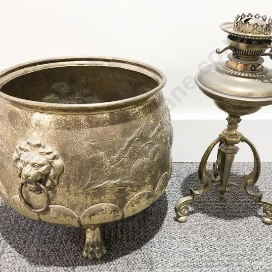 Brass Planter Together with Kerosene Lamp Base