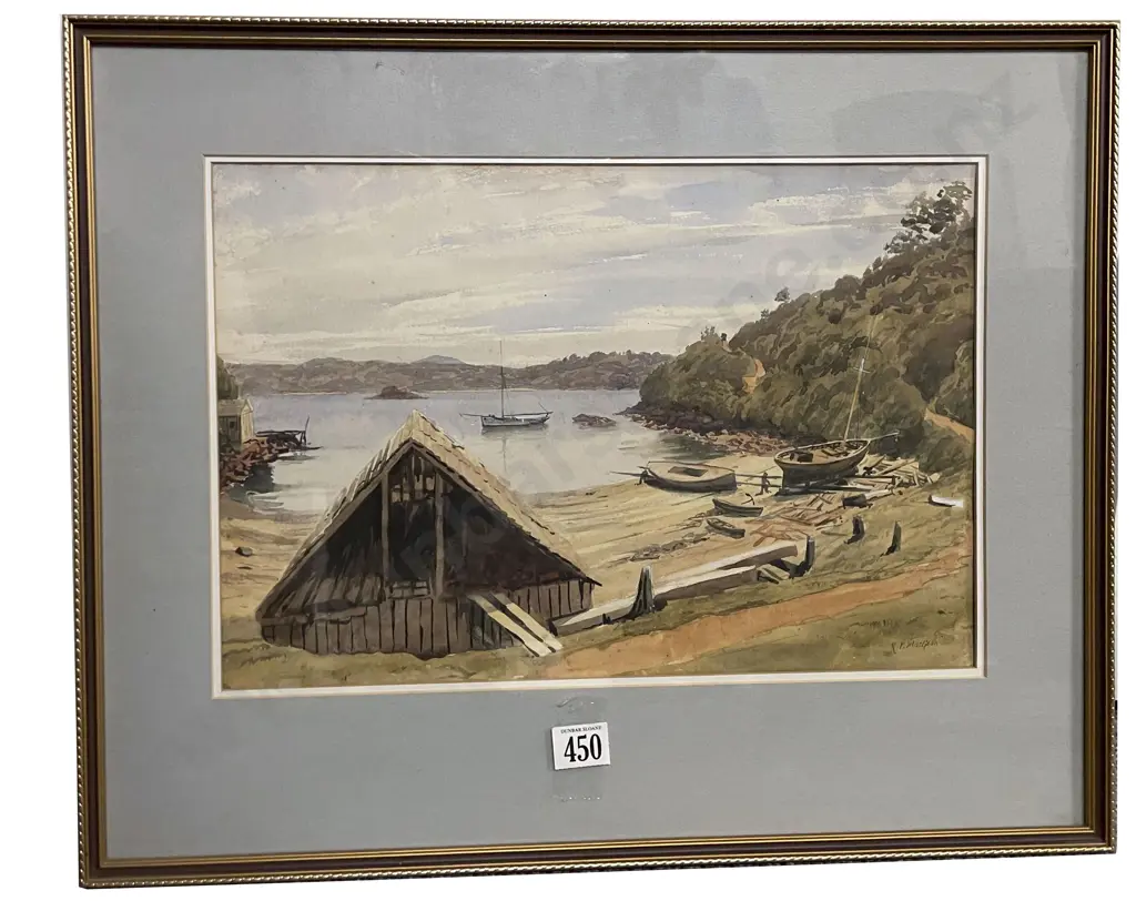 R P MacGoun - Coastal Inlet with Ships & Boatshed Image 1++