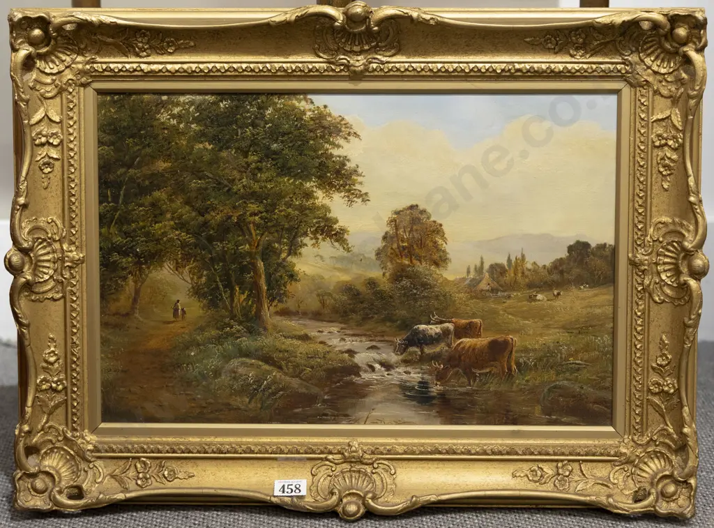 Victorian School - Rustic English River Landscape with Figures & Cattle Image 1++
