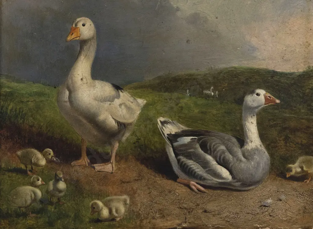 C19th Unknown Artist -  Geese & Goslings Image 1++
