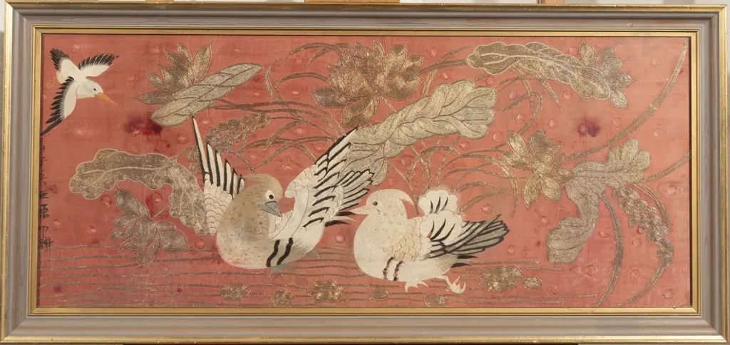 Framed Chinese Metal & Silk Embroidery Panel Image 1++