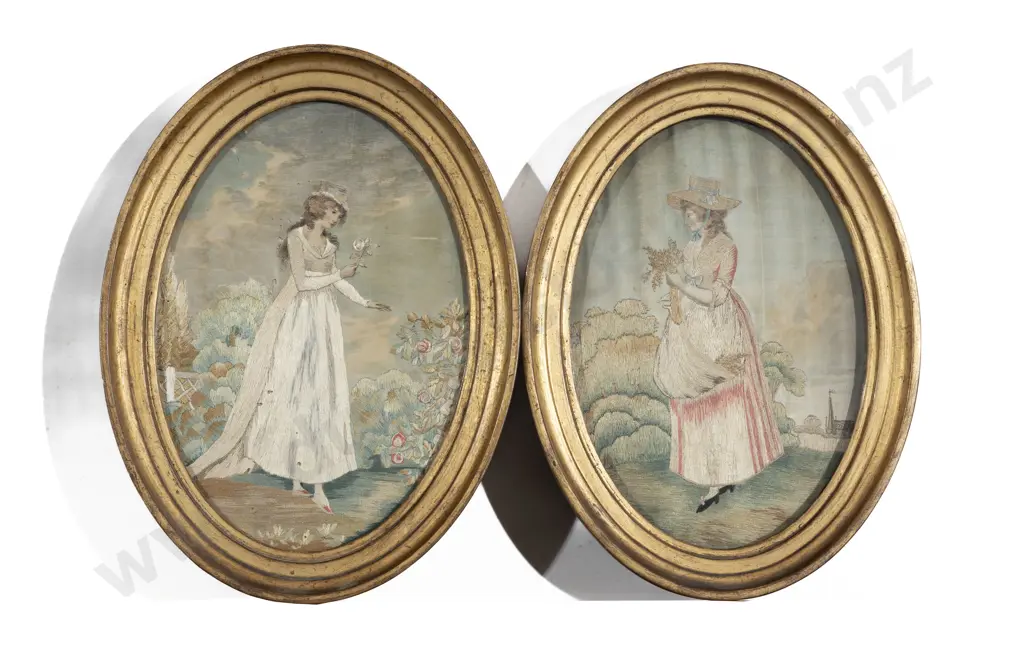 Pair Late C18th Silk Embroidered Scenes Image 1++