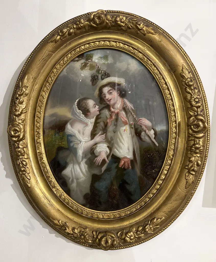 C19th European Painted Oval Panel Of Sweethearts In A Landscape Image 1++