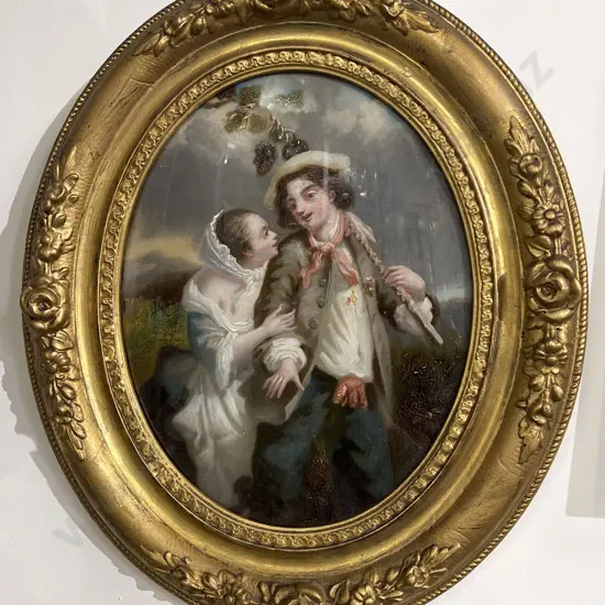 C19th European Painted Oval Panel Of Sweethearts In A Landscape