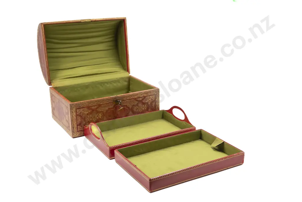Attractive Late C19th Red Leather & Gilt Decorated Dome Top Jewel Casket Image 1++