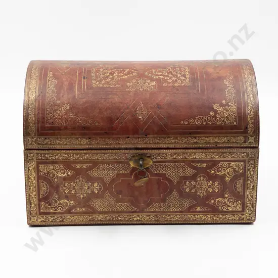 Attractive Late C19th Red Leather & Gilt Decorated Dome Top Jewel Casket