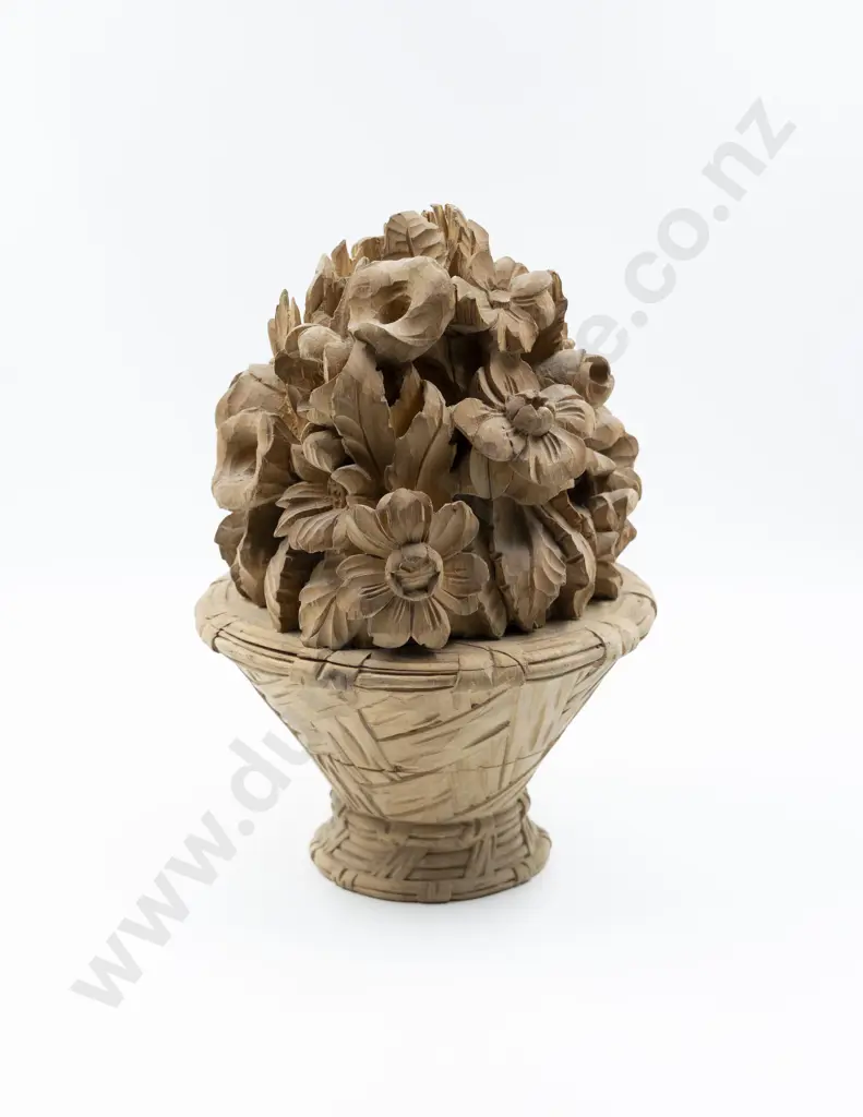 Antique Carved Wooden Basket Of Flowers Image 1++