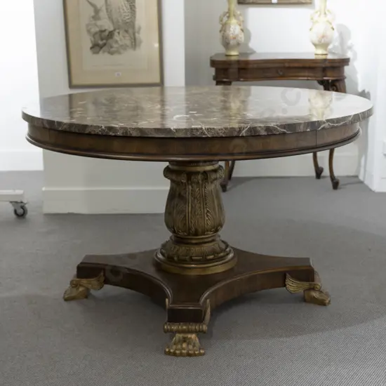 French Empire Style Circular Marble Top Mahogany & Parcel Gilt Centre Table