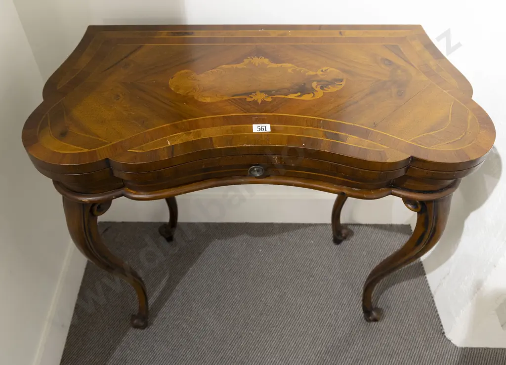 French Walnut and Marquetry Fold-over Tea Table Image 1++