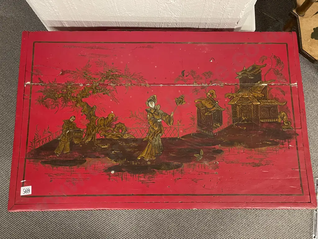 Red Lacquered and Chinoserie Decorated Trunk Image 1++