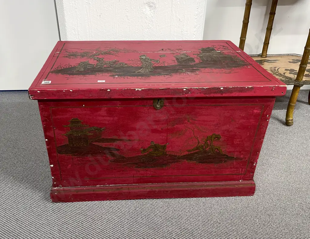 Red Lacquered and Chinoserie Decorated Trunk Image 1++