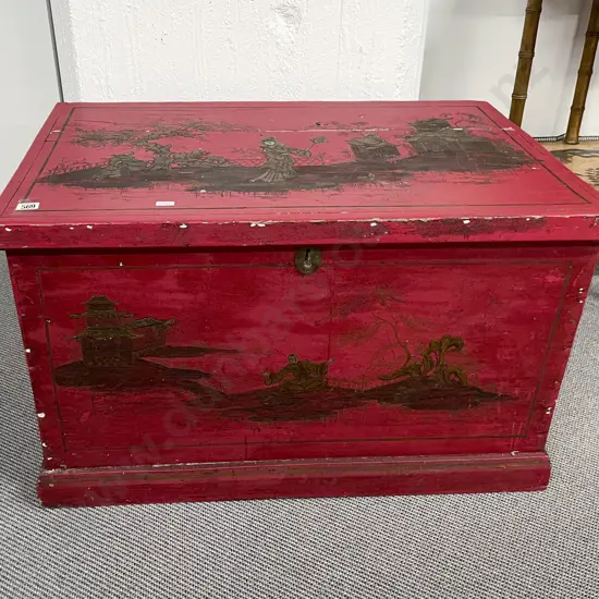 Red Lacquered and Chinoserie Decorated Trunk