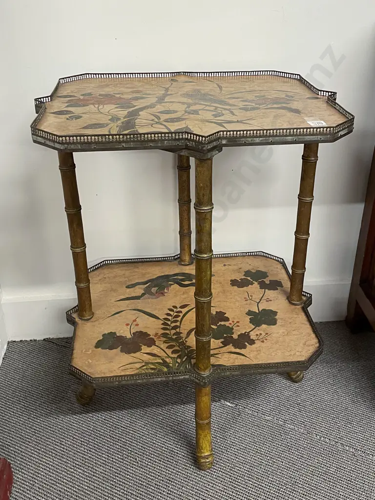 An Attractive Late C19th Bamboo Two Tier Etagere each shelf with low pierced brass gallery Image 1++