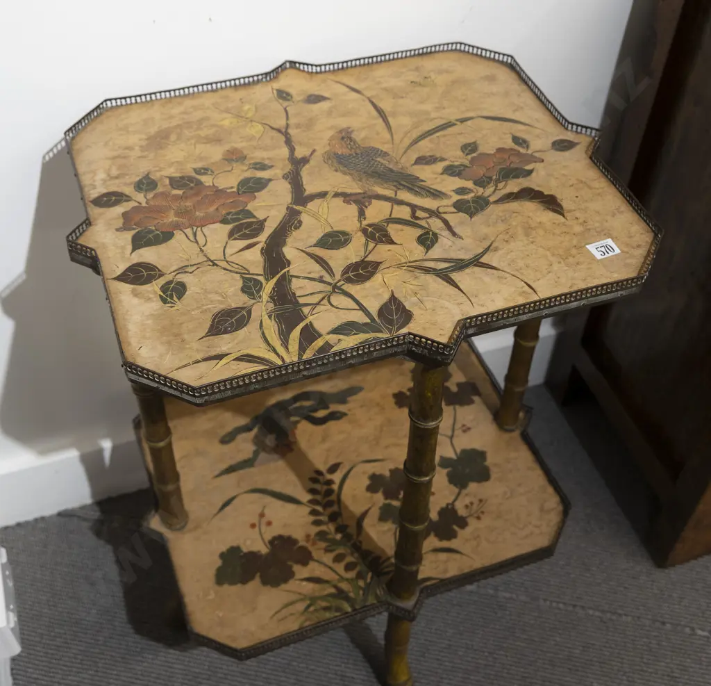 An Attractive Late C19th Bamboo Two Tier Etagere each shelf with low pierced brass gallery Image 1++