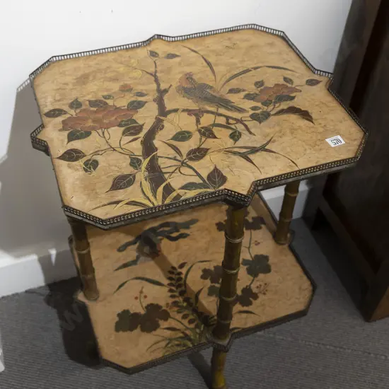 An Attractive Late C19th Bamboo Two Tier Etagere each shelf with low pierced brass gallery