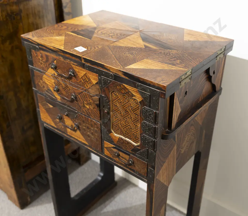 Antique Japanese Parquetry Work Table with twin flap top Image 1++