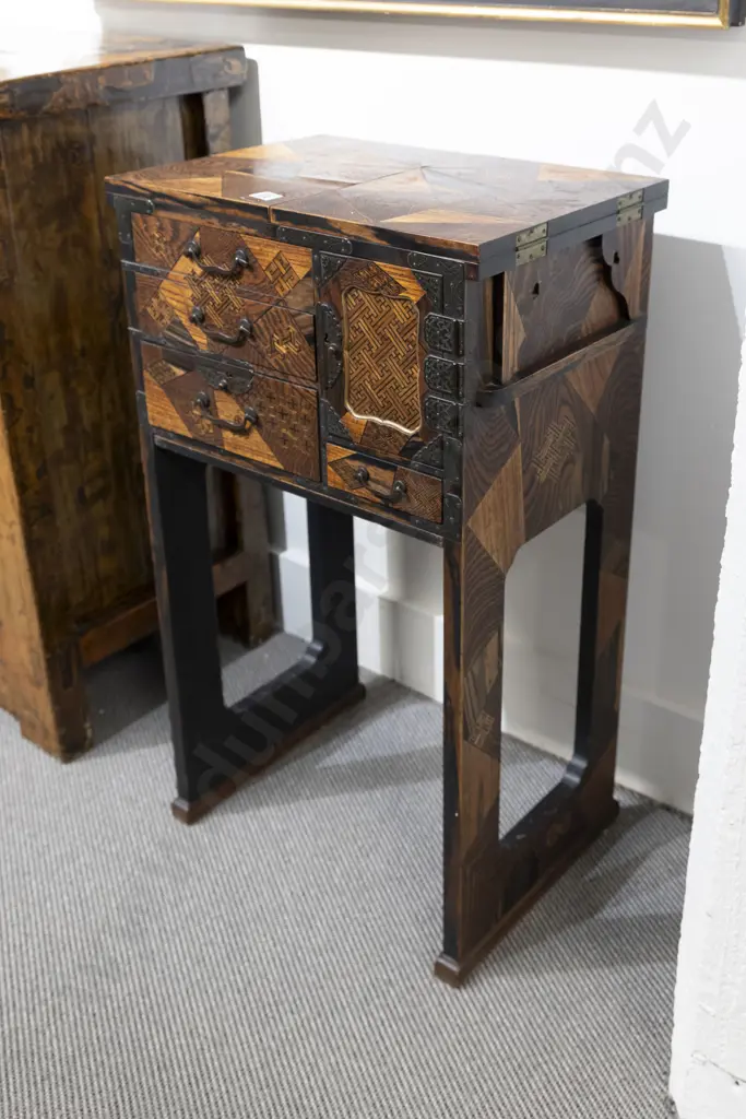 Antique Japanese Parquetry Work Table with twin flap top Image 1++