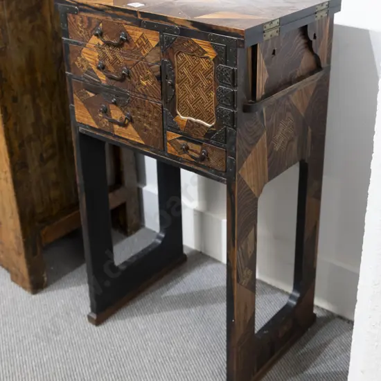 Antique Japanese Parquetry Work Table with twin flap top