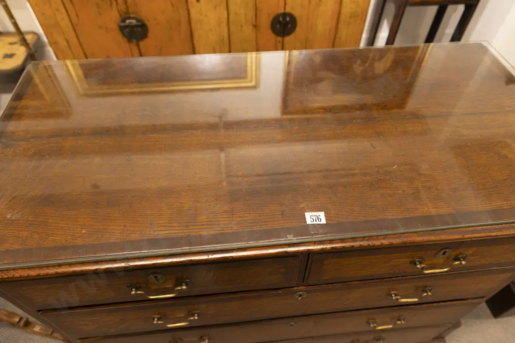 Geo III Oak and cross-banded flat front chest with two short and three long drawers Image 1++
