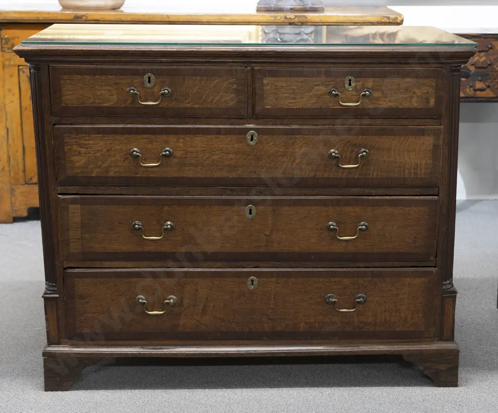 Geo III Oak and cross-banded flat front chest with two short and three long drawers Image 1++