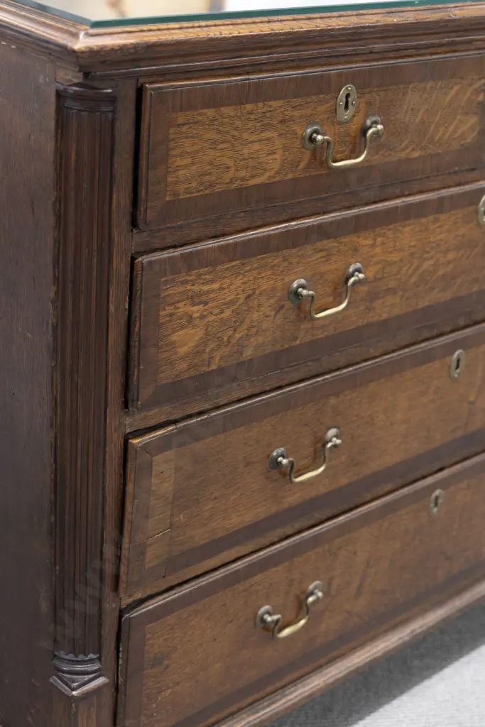 Geo III Oak and cross-banded flat front chest with two short and three long drawers Image 1++
