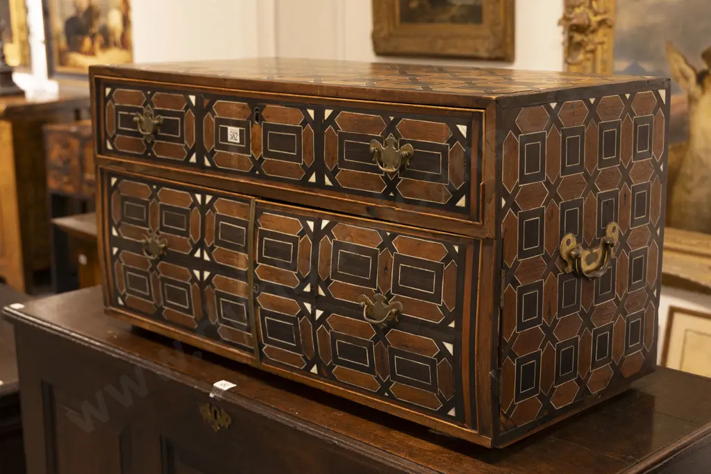Anglo-Indian Inlaid Cabinet of neat proportions with geometric ebony and bone inlays Image 1++