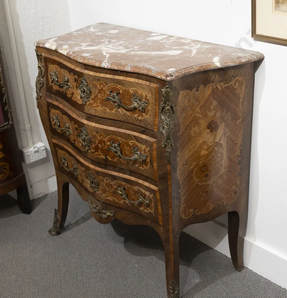 French Kingwood Marquetry and Ormolu Marble Top Serpentine Commode Image 1++