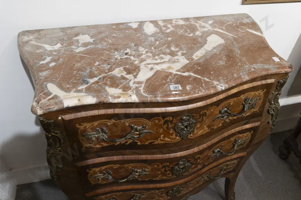 French Kingwood Marquetry and Ormolu Marble Top Serpentine Commode Image 1++