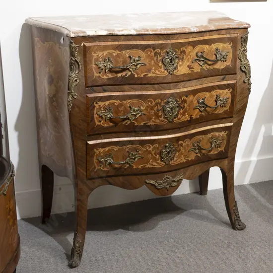 French Kingwood Marquetry and Ormolu Marble Top Serpentine Commode