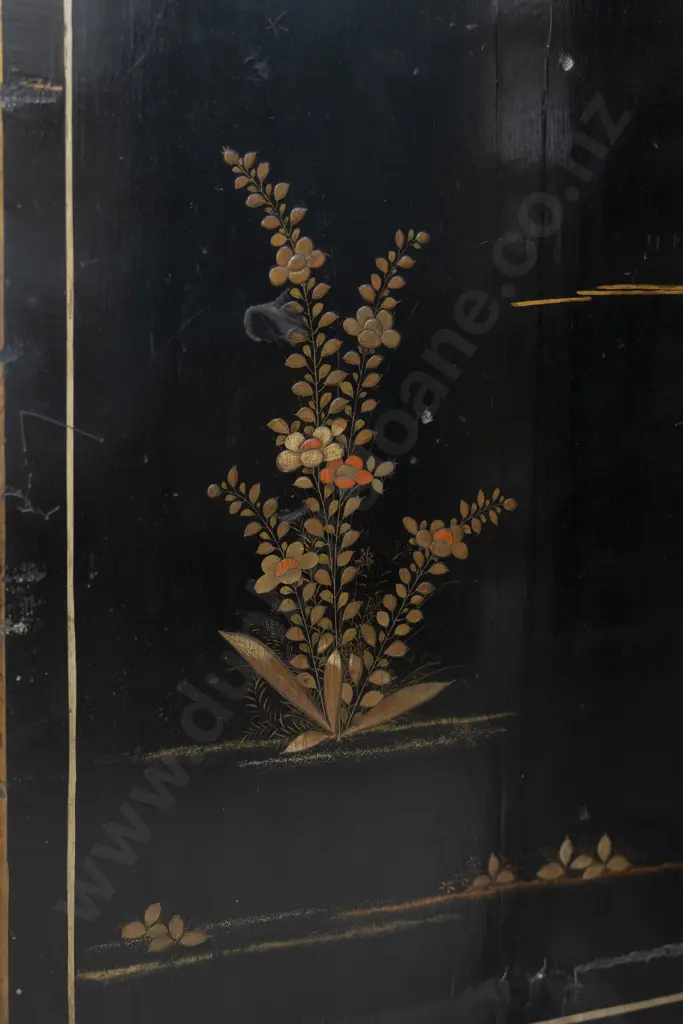 An Attractive Geo III Black Lacquered and Chinoiserie Cabinet on Stand the doors decorated with figures Image 1++