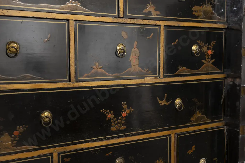 An Attractive Geo III Black Lacquered and Chinoiserie Cabinet on Stand the doors decorated with figures Image 1++