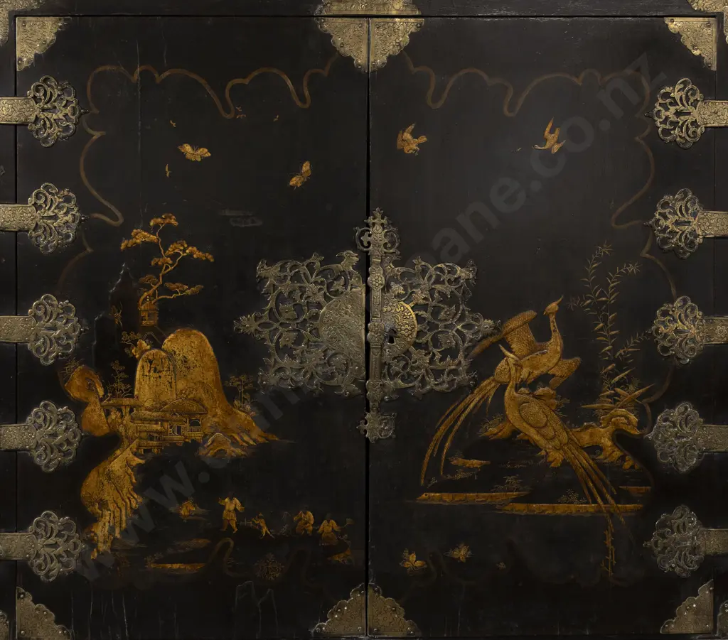 An Attractive Geo III Black Lacquered and Chinoiserie Cabinet on Stand the doors decorated with figures Image 1++