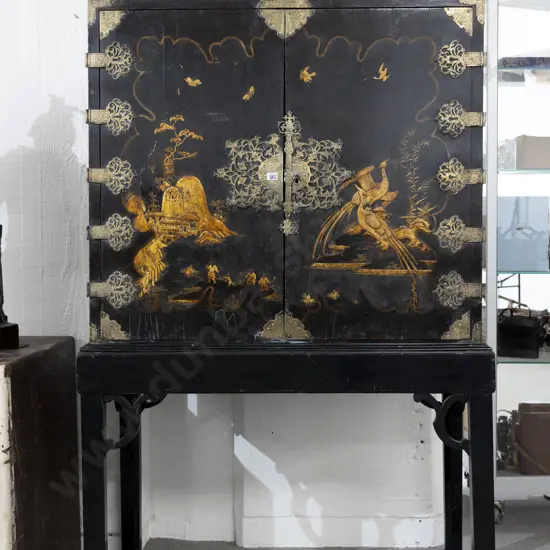 An Attractive Geo III Black Lacquered and Chinoiserie Cabinet on Stand the doors decorated with figures