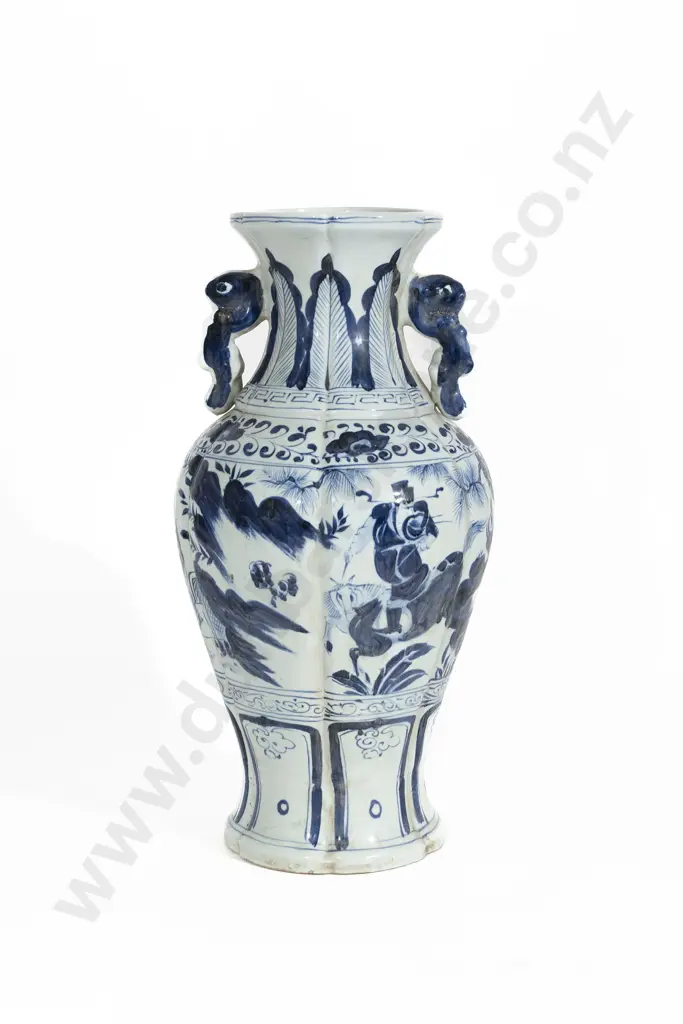 Modern Chinese Two-Handled Blue and White Vase of Lobed Baluster Form Image 1++