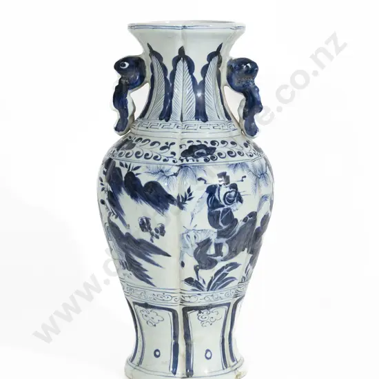 Modern Chinese Two-Handled Blue and White Vase of Lobed Baluster Form