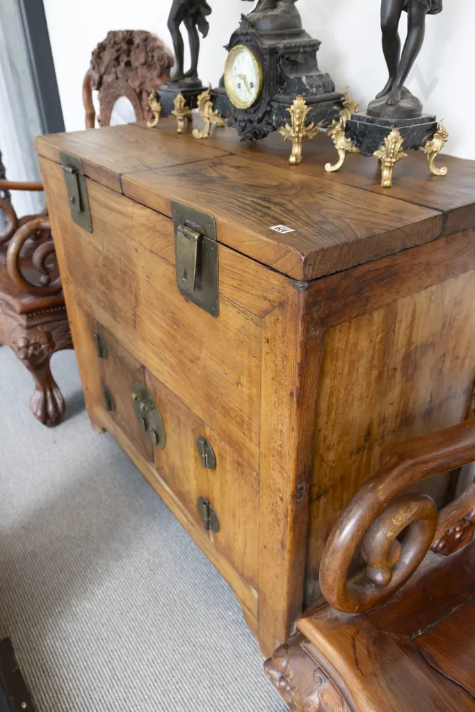 Chinese Elm Silver Chest with twin lidded storage top and cupboard below Image 1++