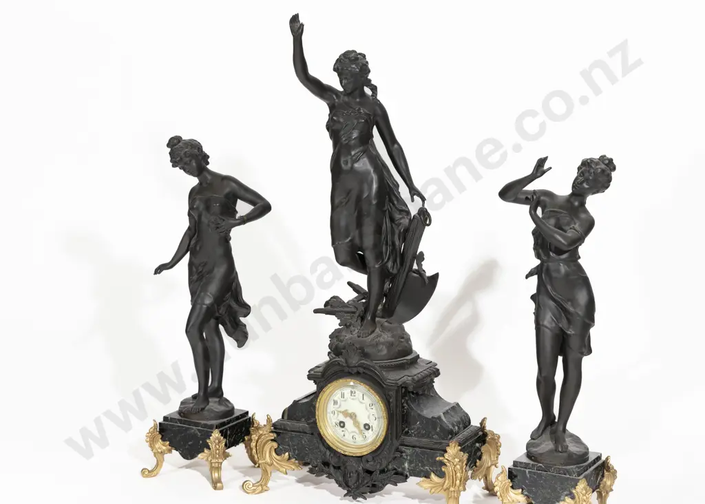 C19th French Bronzed Spelter & Marble 3 Piece Clock Garniture Image 1++