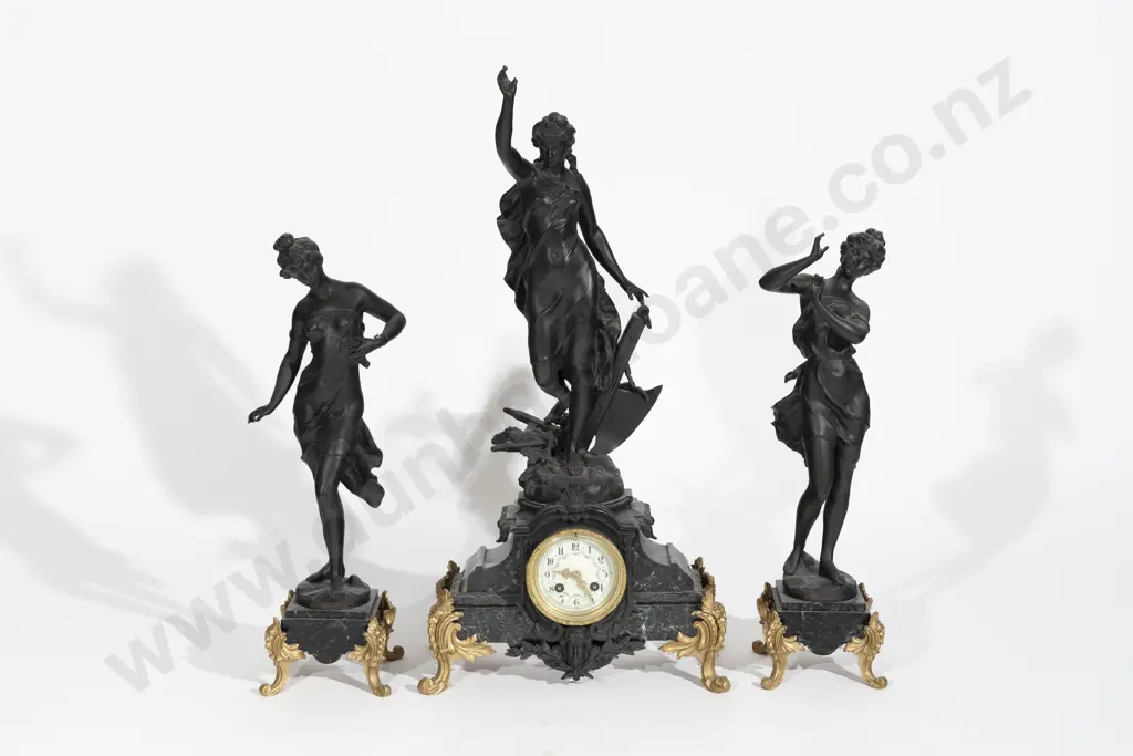 C19th French Bronzed Spelter & Marble 3 Piece Clock Garniture Image 1++