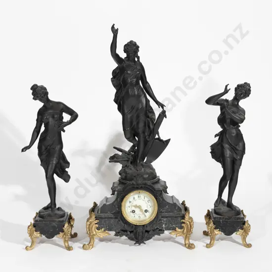 C19th French Bronzed Spelter & Marble 3 Piece Clock Garniture
