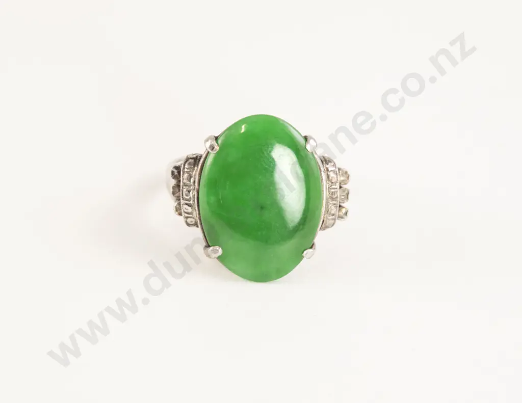 All Platinum Single Oval Dark Apple Green Jade Panel Ring Image 1++