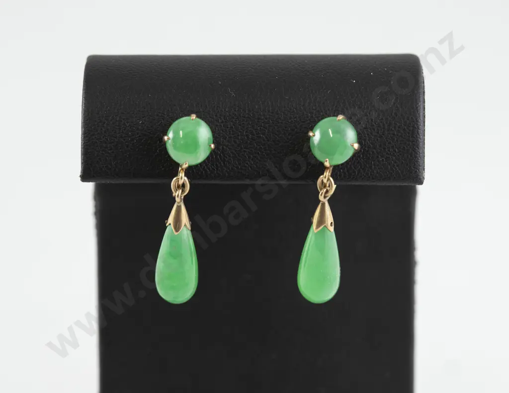 Pair 14ct Apple Green Jade Lozenge Pendant Drop Earrings Image 1++