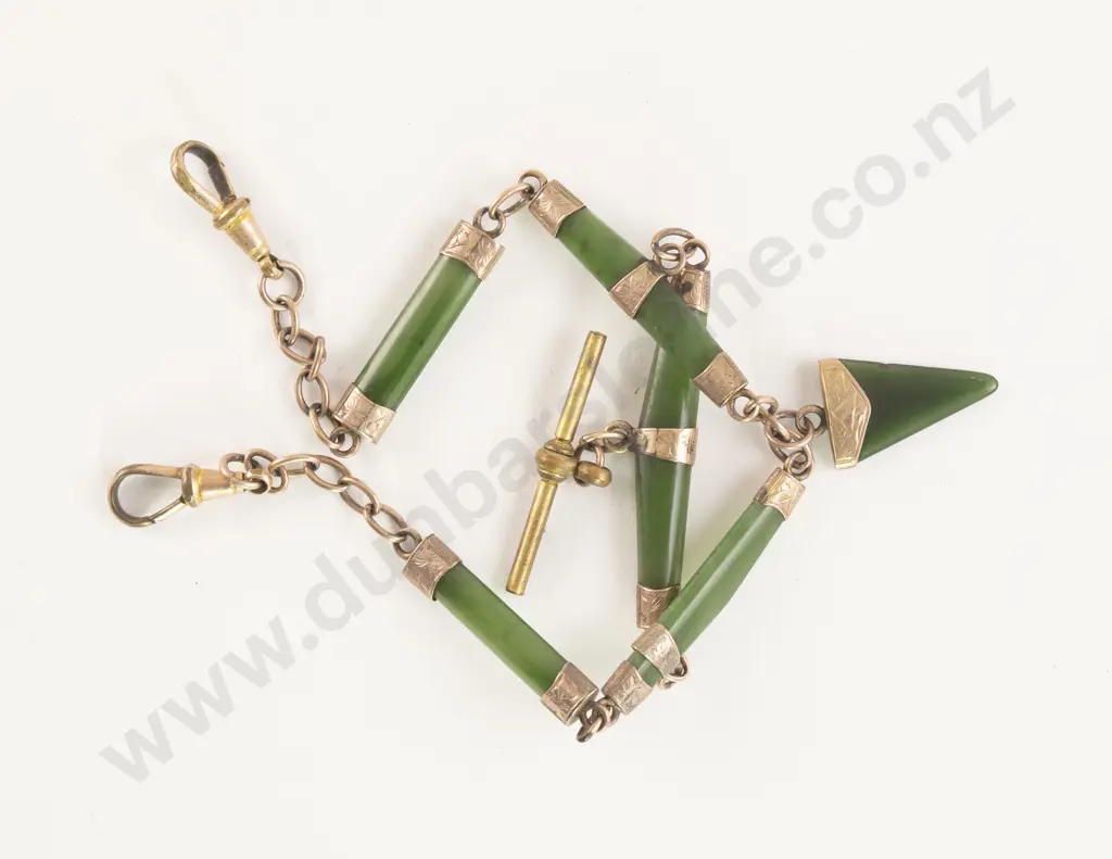 NZ Colonial 9ct and Gold Plate Mounted Greenstone Rail Link Albert Chain Image 1++