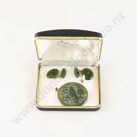 Pair Greenstone Cuff links and Lightly Carved Circular Disc