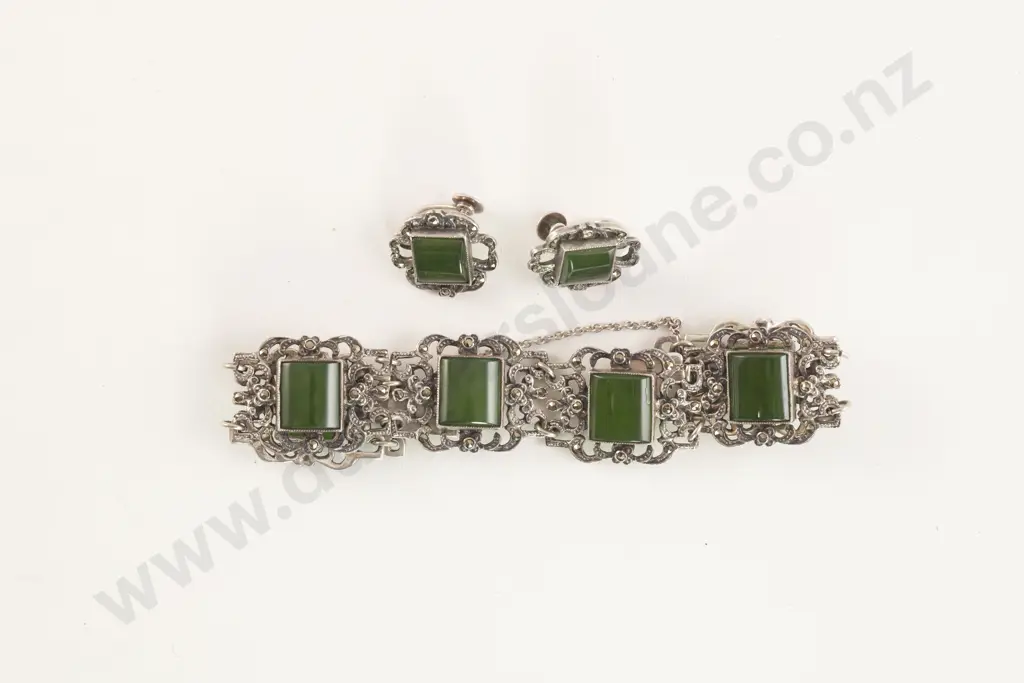NZ Silver Fancy Marcasite and Greenstone Panel Bracelet Image 1++