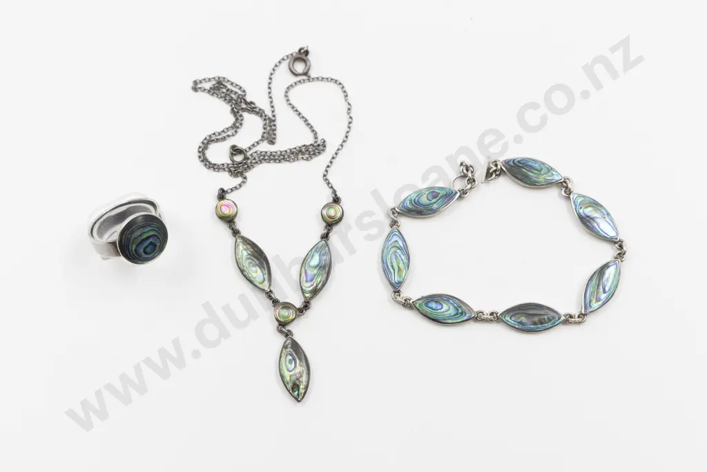 NZ S/S and Paua Necklet Bracelet and Ring Image 1++