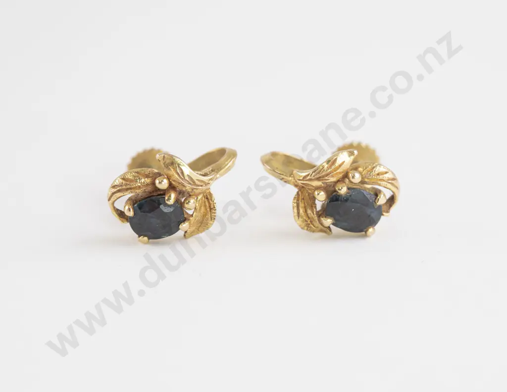 Pair 14ct Single Sapphire Leaf Scroll Earrings Image 1++