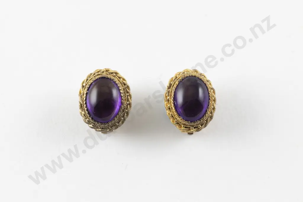 Pair Silver Gilt Filigree Mounted Single Amethyst Stud Earrings Image 1++